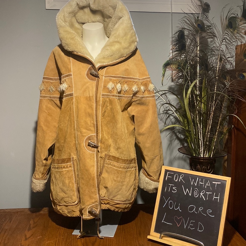 Vintage 1990s Venezia Suede Leather Sherpa Hooded Winter Coat Boho Tan Large